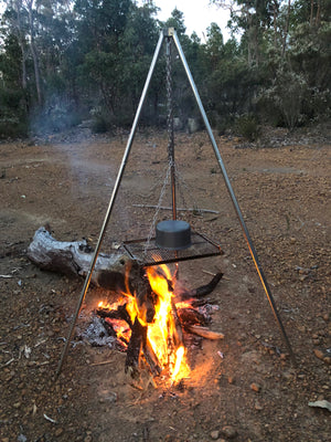 Red Roads Stainless Steel Tripod portable camping BBQ tripod with adjustable chain and a four-chain adaptor to work with most grills. Accessory holder doubles as a bottle opener