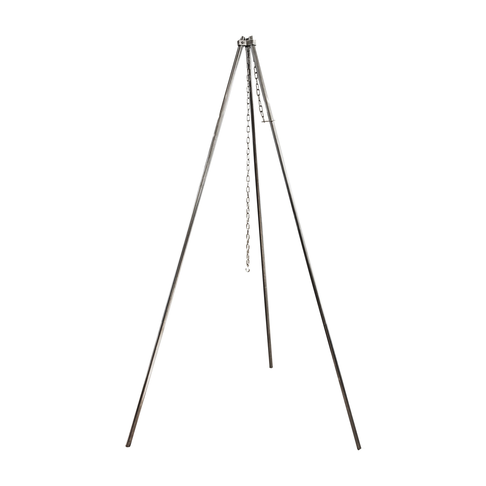 Red Roads Stainless Steel Tripod portable camping BBQ tripod with adjustable chain and a four-chain adaptor to work with most grills. Accessory holder doubles as a bottle opener