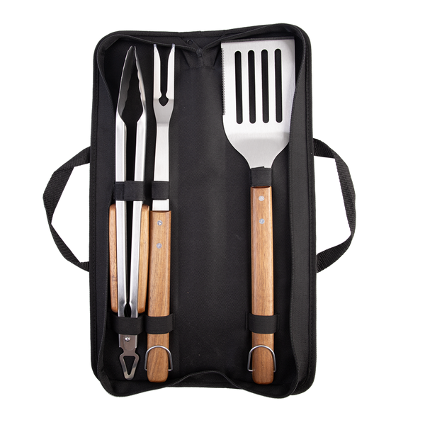Urban Grill 3pce BBQ Tool Set Acacia Handles w Carry Case