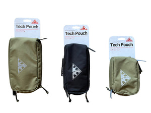 Wilderness Equipment Tech Pouches, showing all sizes in Olive and Black. 