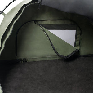 Crashpad Double Swag Inner canvas window half zipped to show it's easy to control airflow from the inside of the swag