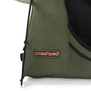 Crashpad logo on the outside corner rain flap. 